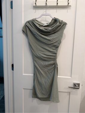 Mango One-Shoulder Sage Green Draped Ruched Dress